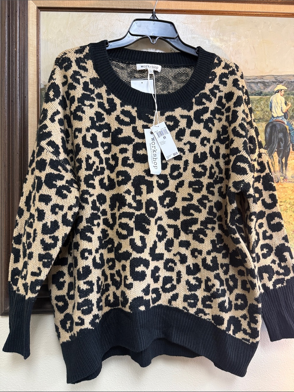 Workshop Republic Clothing Leopard-Pattern Crewneck Sweater in Black and Tan